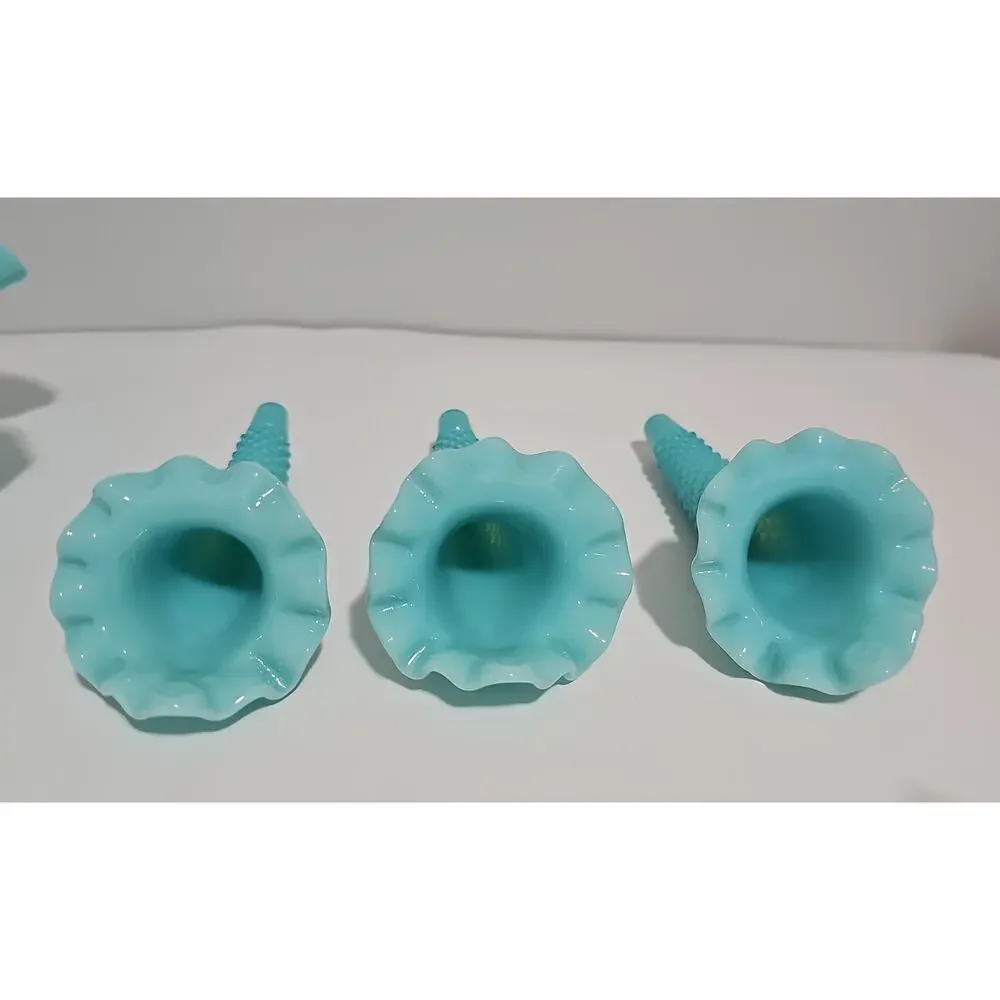Fenton Aqua Milk Glass Three Horn Hobnail Epergne Vase/Bowl Mint Condition